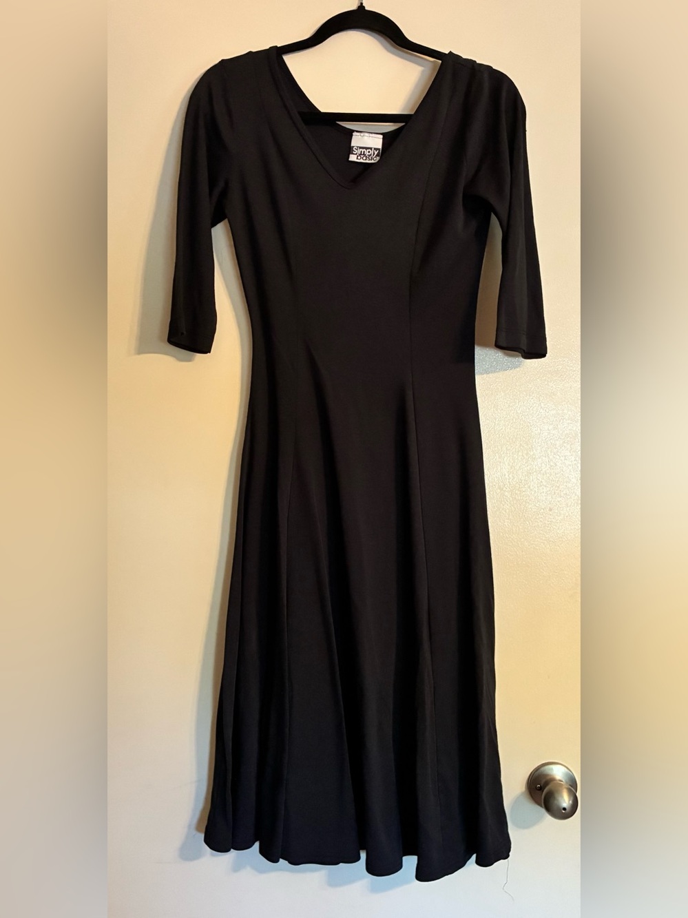 Simply Basic V-neck knit flare dress with 3/4 length sleeves & princess seams